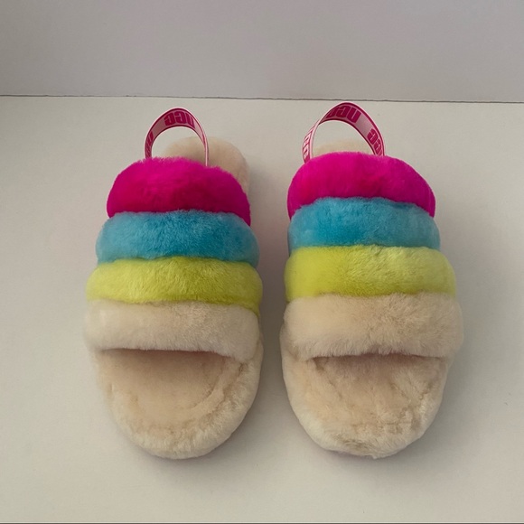 UGG Fluff Yeah Slides Neon Rainbow Multi Kid’s 6 (Will Fit Women’s 8) - Picture 4 of 12